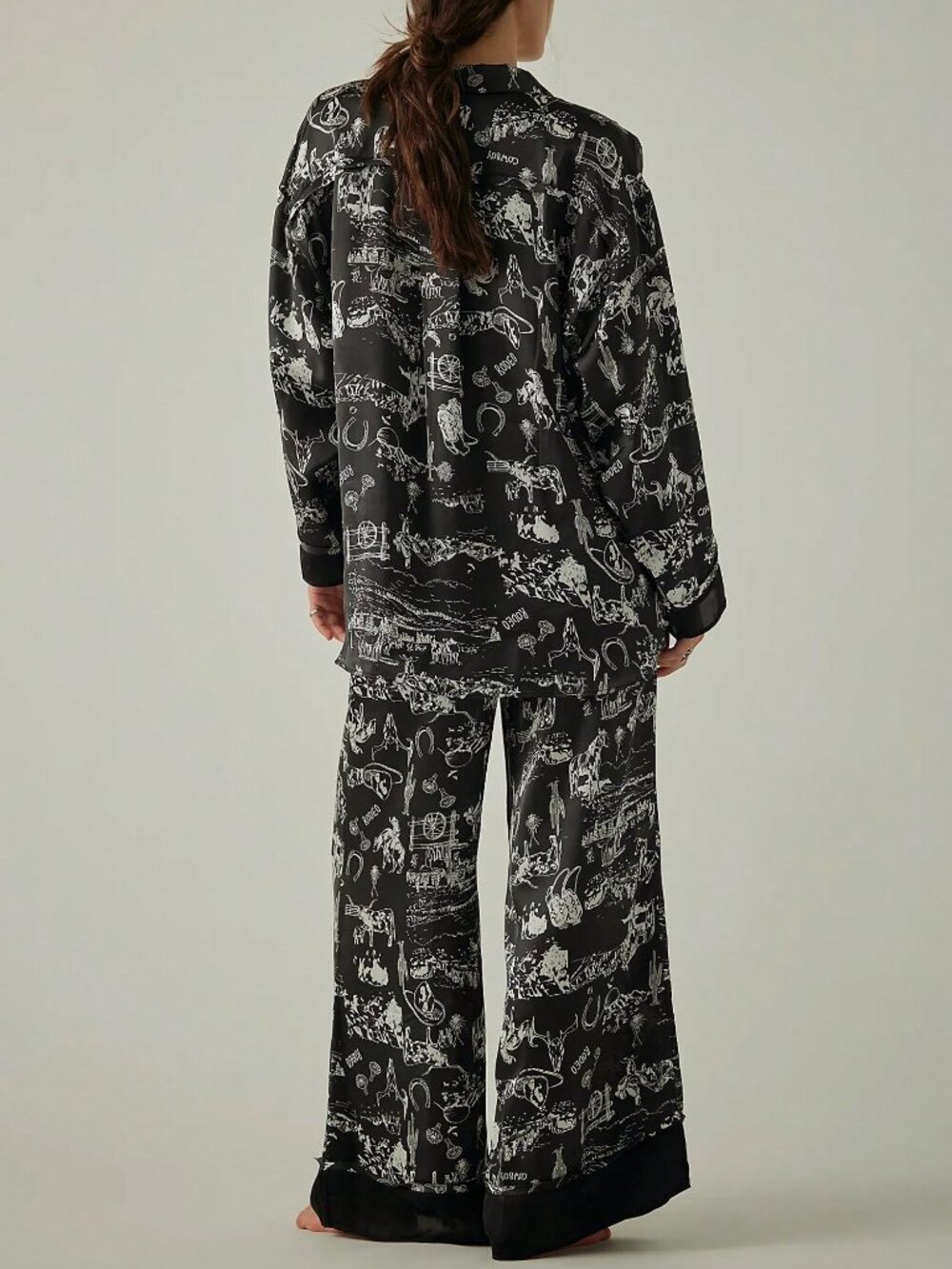 Casual Women's Button Down Shirt Wide Leg Pants Pajama Set - Picture 2 of 4